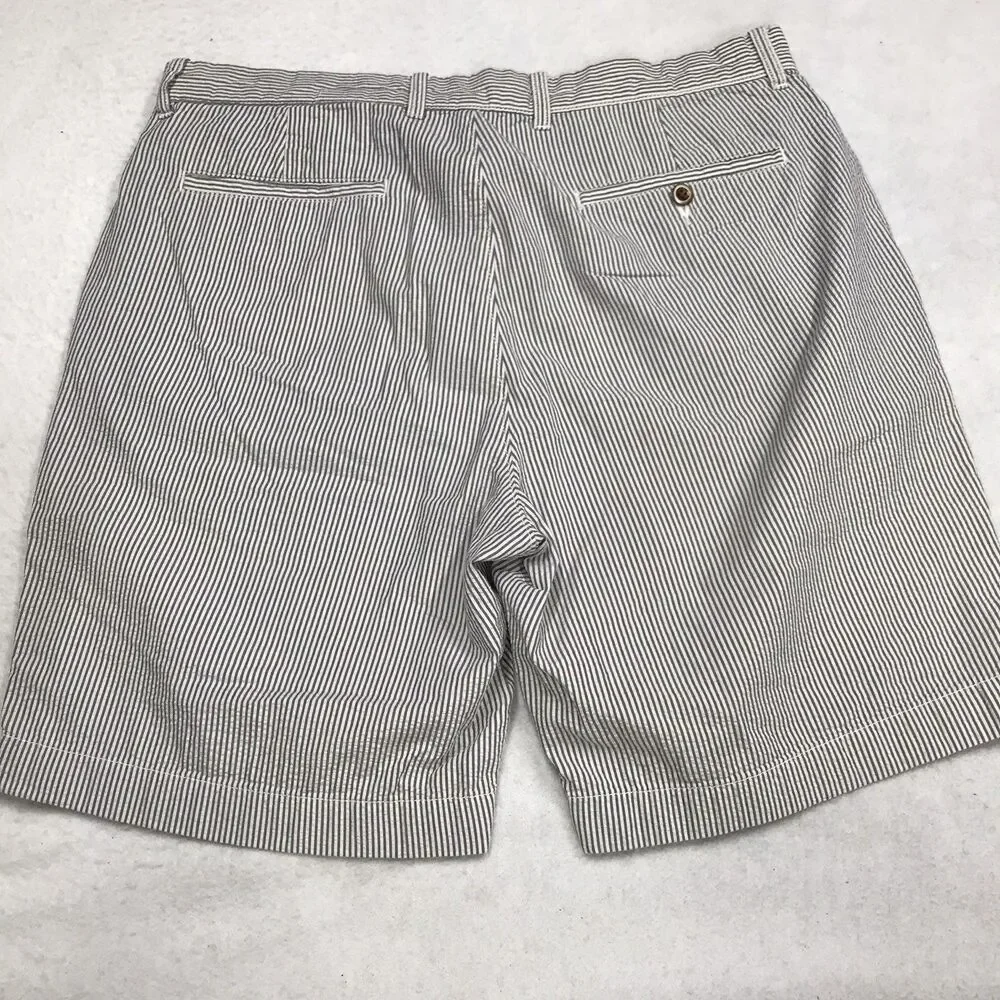 J CREW Seersucker Shorts Men 34 Blue Hickory Railroad Stripe Flat Front Chino
